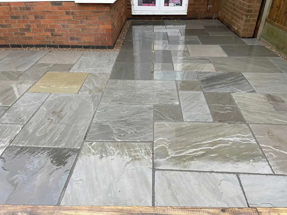 Garden landscaping with paving and planting detail